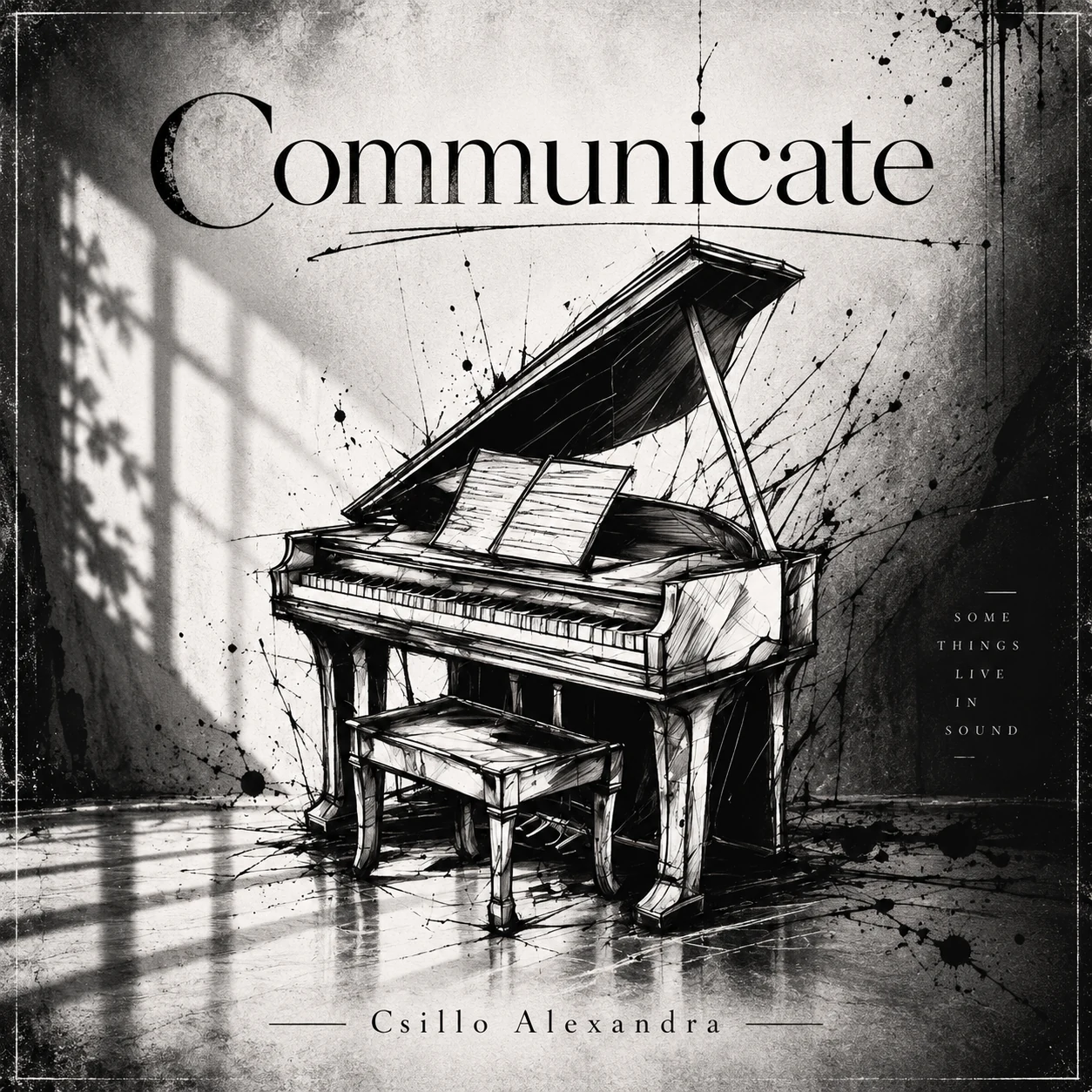 Communicate album cover featuring a black-and-white illustrated grand piano