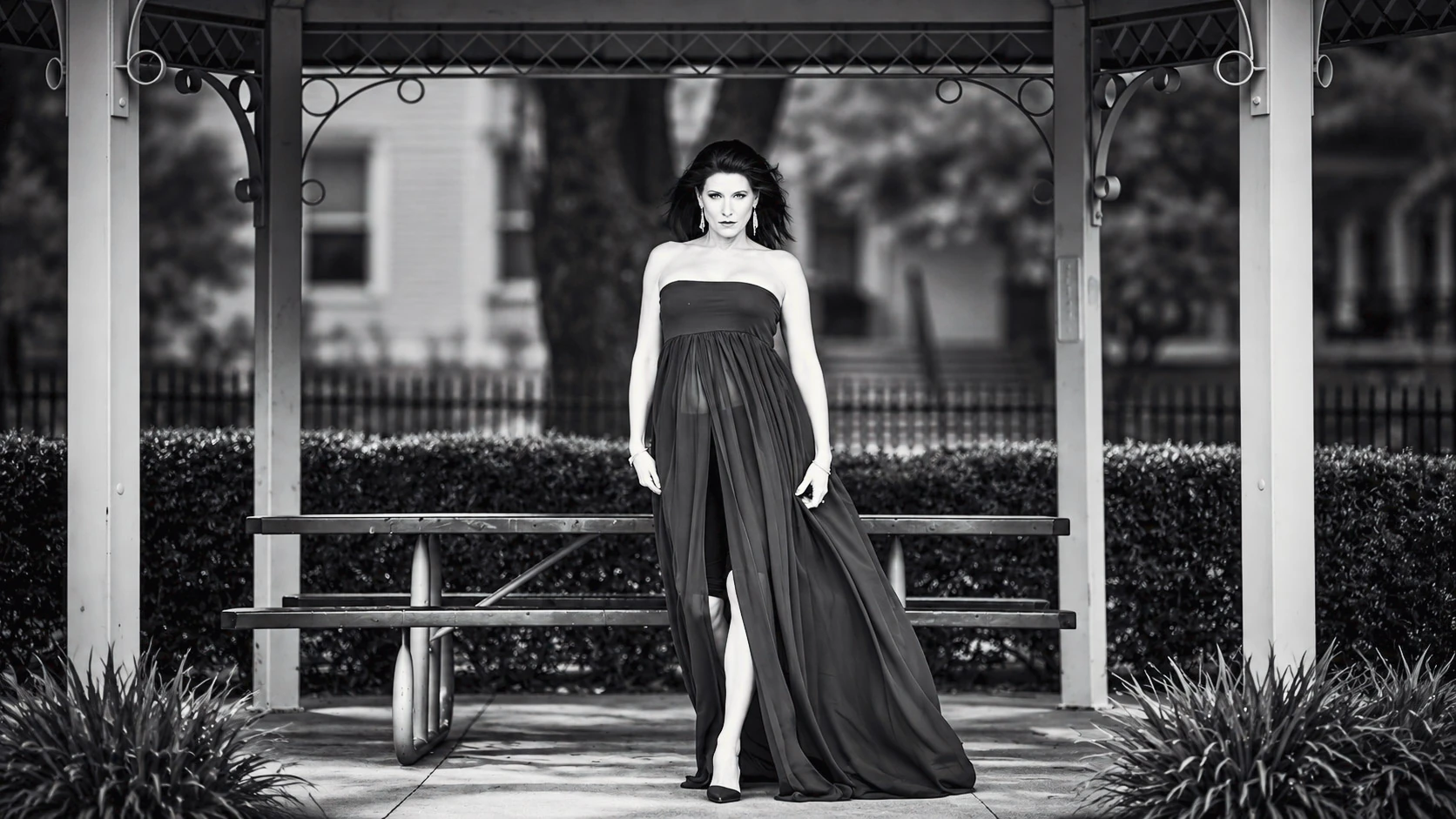 Black-and-white portrait of a woman in a dramatic gown standing beneath a gazebo