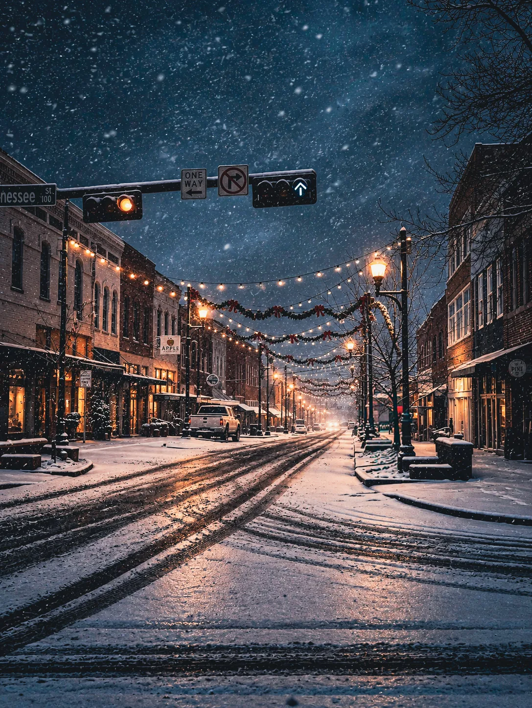 A snow-covered downtown street illuminated by warm streetlights.