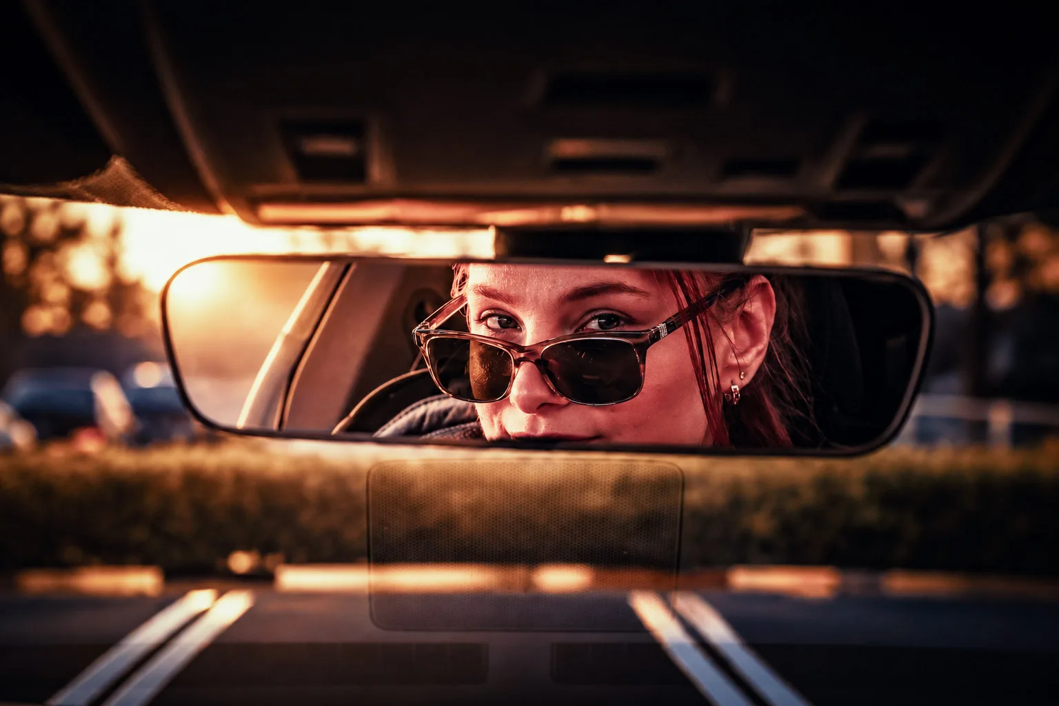 A driver’s eyes reflected in a rearview mirror.